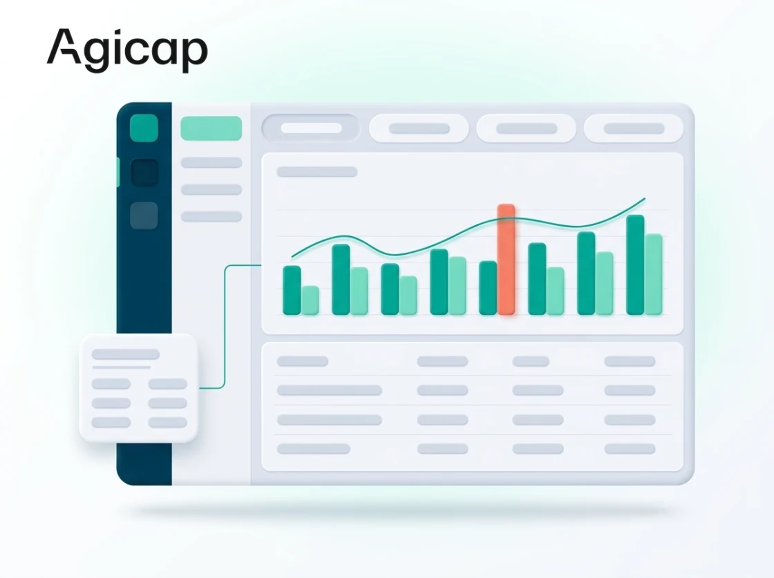 The Agicap wordmark above an abstracted treasury dashboard: a bar chart with a trend line over the months, a table of cash rows beneath it, and a small record card docking onto the panel through a thin line.