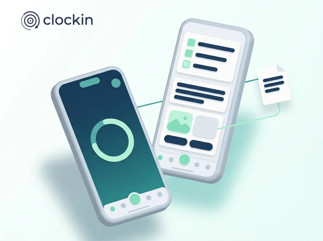 The clockin wordmark above two phones: one showing a large circular time ring on a teal screen, the other a job checklist with a photo card and two buttons, with thin lines running out to an invoice document and back.
