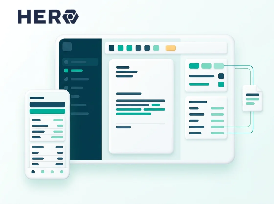The HERO wordmark above a desktop screen showing an abstracted quote editor, with a dark sidebar, a document sheet in the middle and two list cards beside it, a phone in front carrying the line items, and thin lines running out to an invoice document and back.