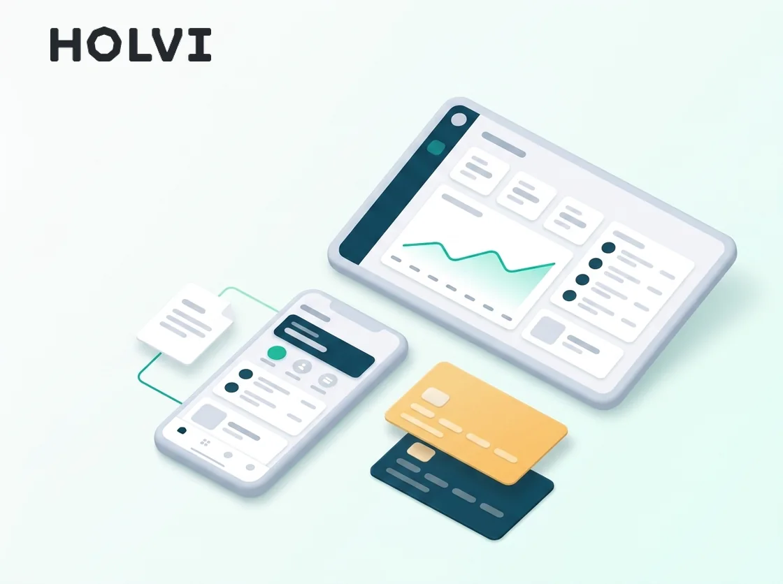 The Holvi wordmark above an isometric arrangement of a tablet showing an abstracted account dashboard, a phone beside it and two payment cards fanned out in front, one amber and one navy, with thin lines running out to a document and back.