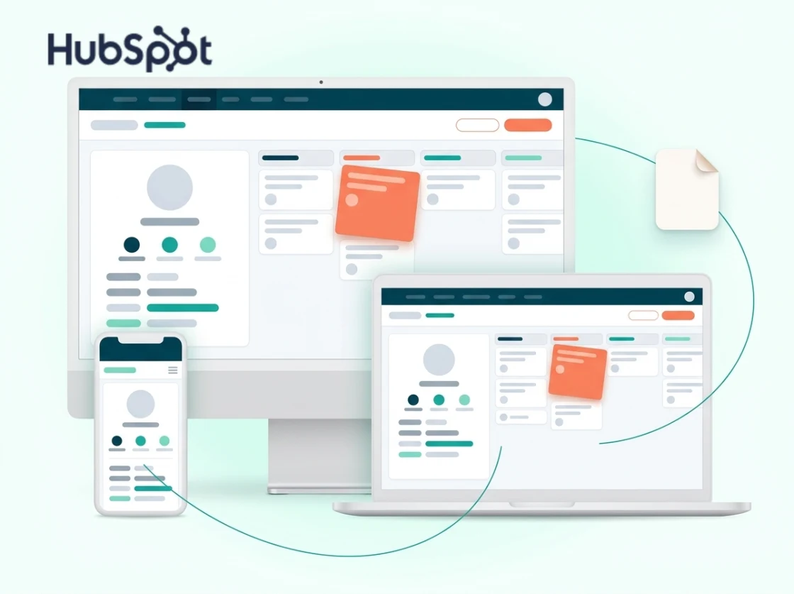 The HubSpot wordmark above a desktop, a laptop and a phone showing the same CRM: a deal pipeline with one deal highlighted and a customer record beside it, with a line looping out to an invoice document and back.