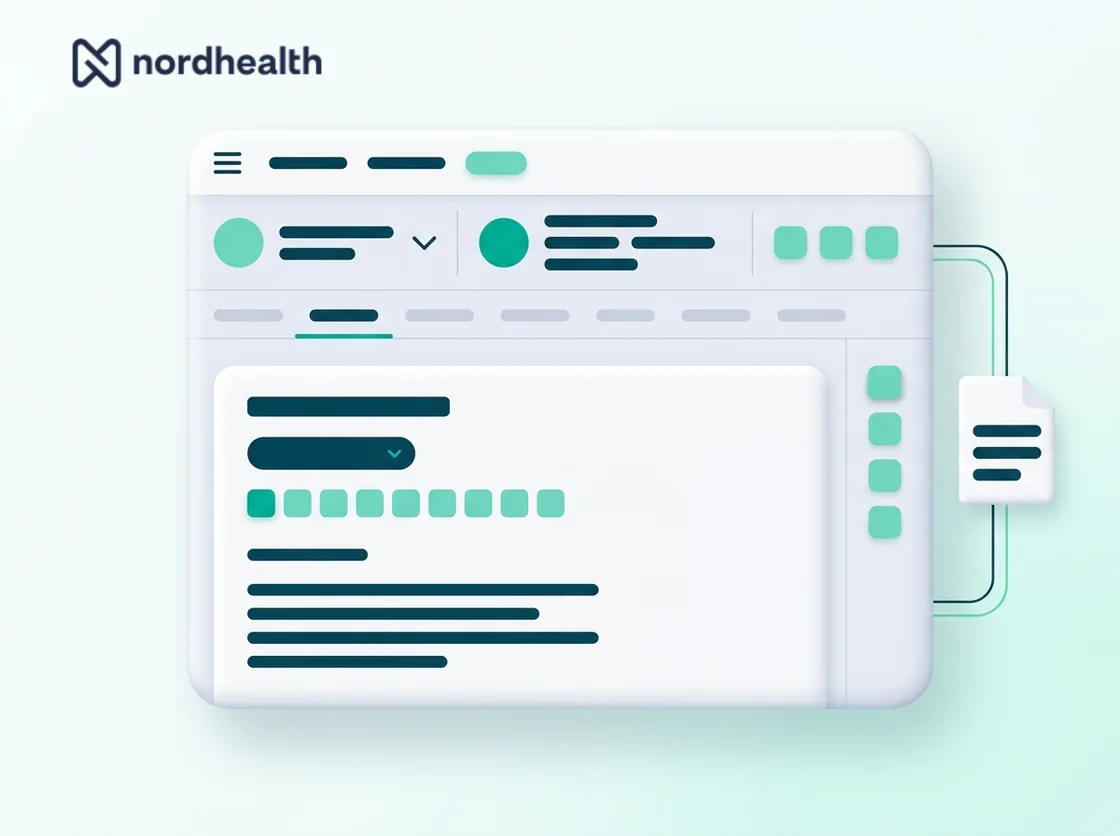 The nordhealth wordmark above an abstracted clinical consultation view: a patient header row with two plain avatar circles, a row of tabs with one marked active, and a large note card with a toolbar, connected to an invoice document by thin lines.