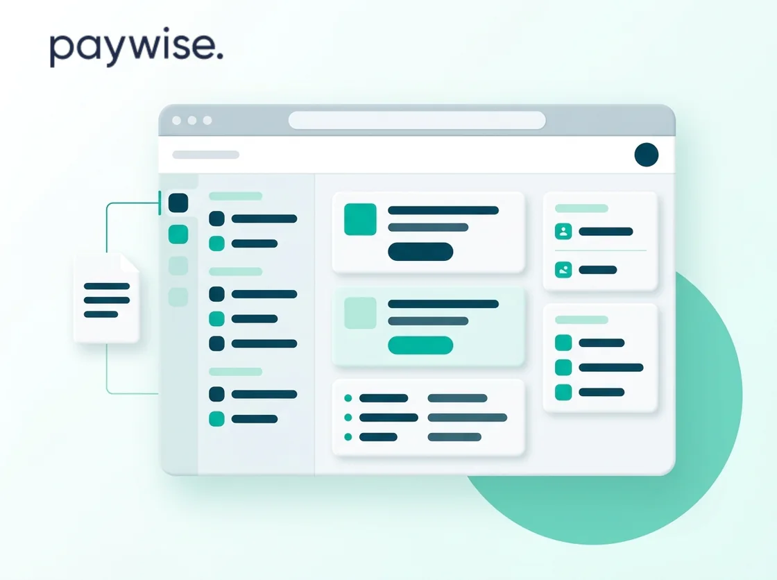The paywise wordmark above a browser window showing an abstracted creditor portal: a sidebar of icon rows, three cards in the middle column and two beside them, with an invoice document docking onto the window through a thin line.