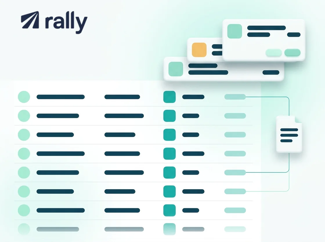 The rally wordmark above an abstracted transaction list that fades out towards the bottom, with three alert cards overlapping it in the upper right and thin lines running out to a booking document and back.